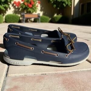 Crocs Beach Line Boat Shoes Womens Navy White Slip On Loafer Nautical Size 10